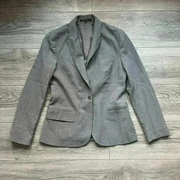 Theory Gray Wool Blend Tailored Single Button Shoulder Pads Career Blazer Size 6 - Picture 1 of 7